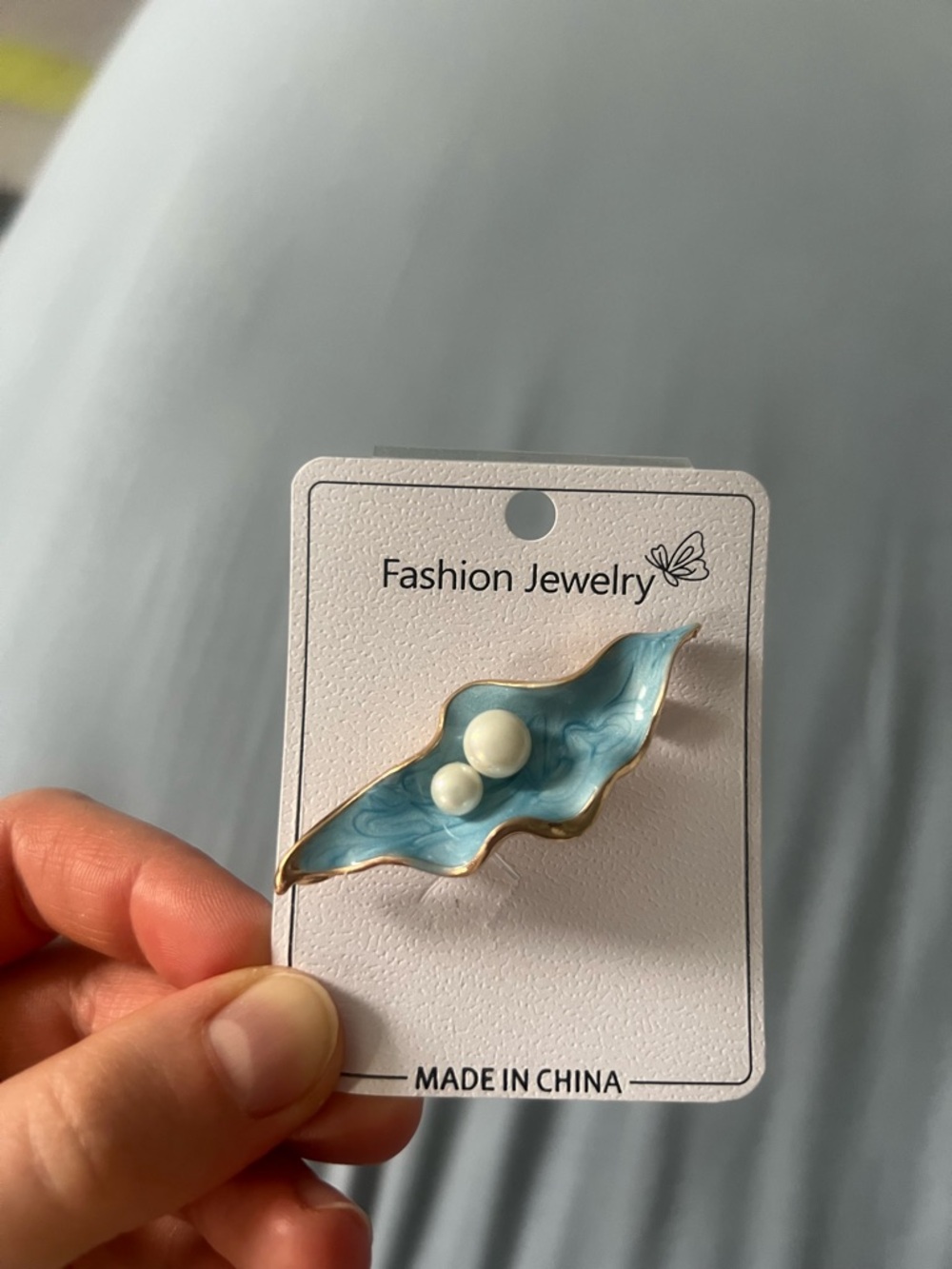 Blue Enamel Leaf Brooch with White Pearl Accents